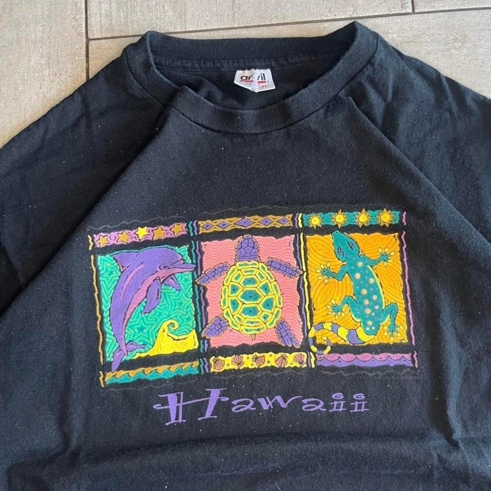 Vintage Anvil Hawaii Graphic T Shirt Black Neon Animal Print 22x29 - Picture 3 of 8